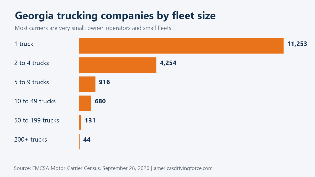Bar chart of Georgia trucking companies by fleet size: 11,253 have one truck and 45 have 200 or more