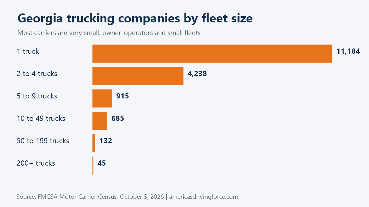 Bar chart of Georgia trucking companies by fleet size: 11,184 have one truck and 46 have 200 or more