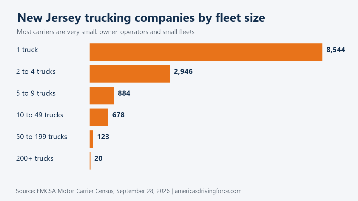 Bar chart of New Jersey trucking companies by fleet size: 8,544 have one truck and 20 have 200 or more