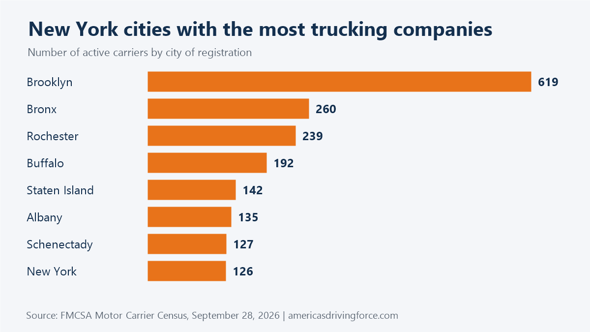 Bar chart of New York cities with the most trucking companies: Brooklyn 619, Bronx 260, Rochester 239, Buffalo 192, Staten Island 142