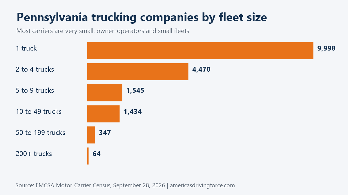 Bar chart of Pennsylvania trucking companies by fleet size: 9,998 have one truck and 64 have 200 or more