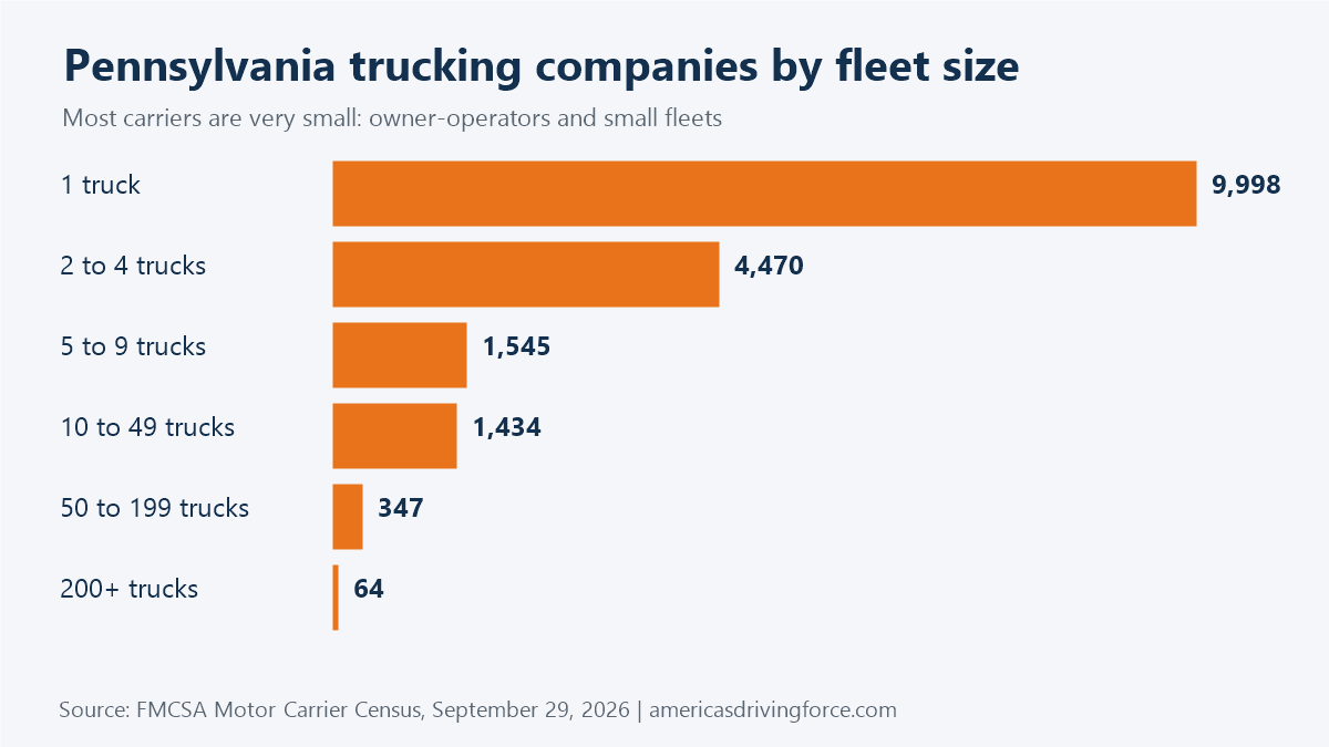 Bar chart of Pennsylvania trucking companies by fleet size: 9,998 have one truck and 64 have 200 or more