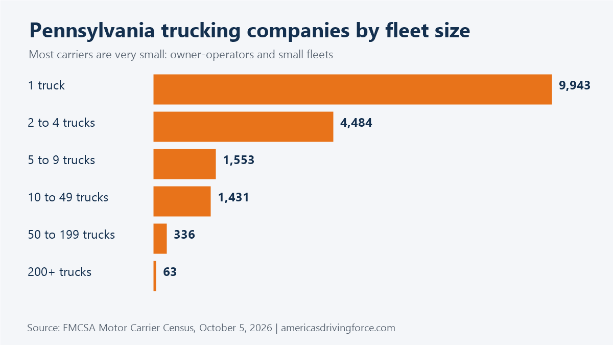 Bar chart of Pennsylvania trucking companies by fleet size: 9,943 have one truck and 63 have 200 or more