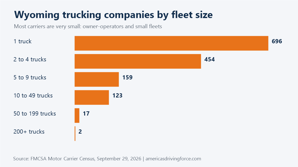 Bar chart of Wyoming trucking companies by fleet size: 696 have one truck and 2 have 200 or more